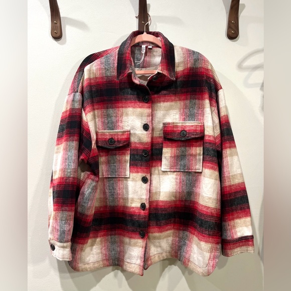 Elan Riley Plaid Jacket Red Black Cream Button Front Size L - Picture 5 of 11